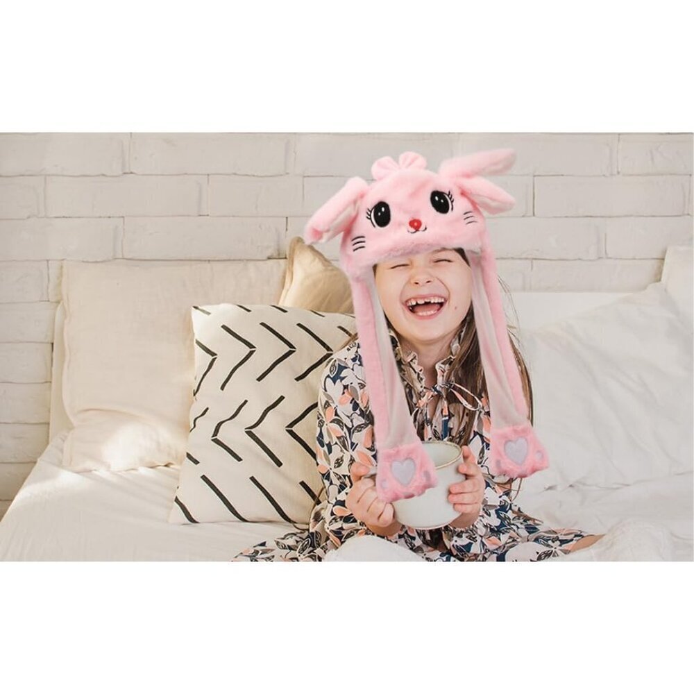 Kids Cat_pink Animal Hat with Ears Moving Jumping Pop Up Beating Plush Holiday - Picture 9 of 9